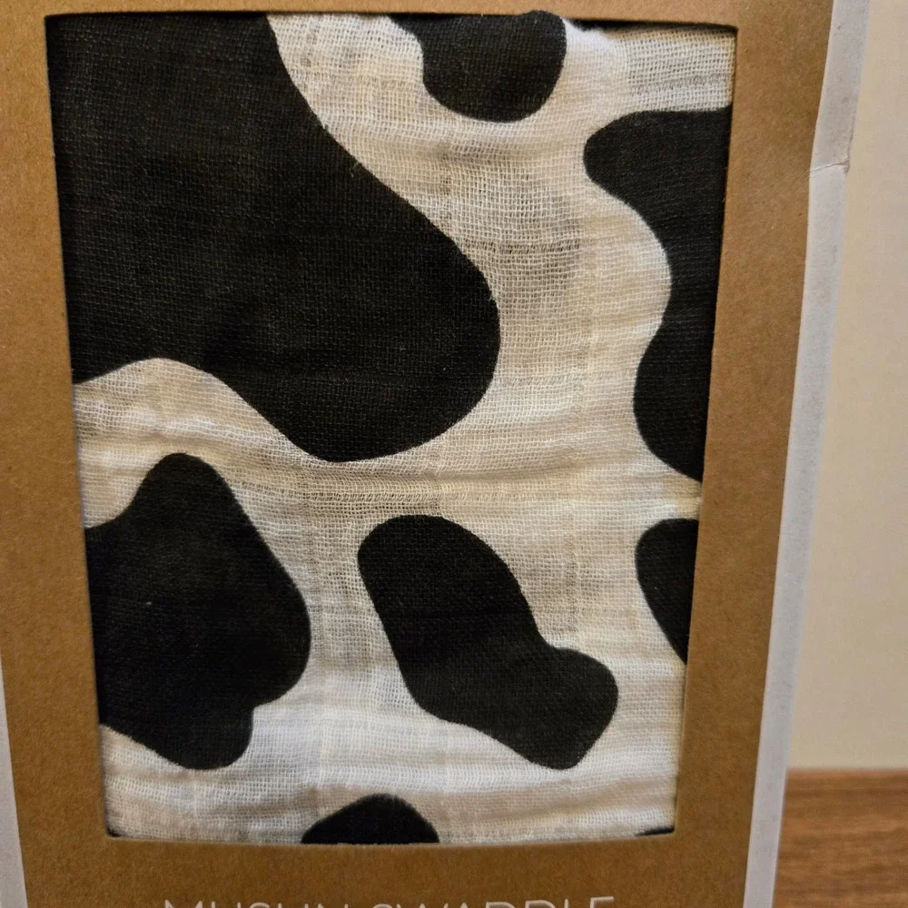 Mud Pie Cow Print Muslin Swaddle Blanket Black White 100% Cotton 47x47 NEW